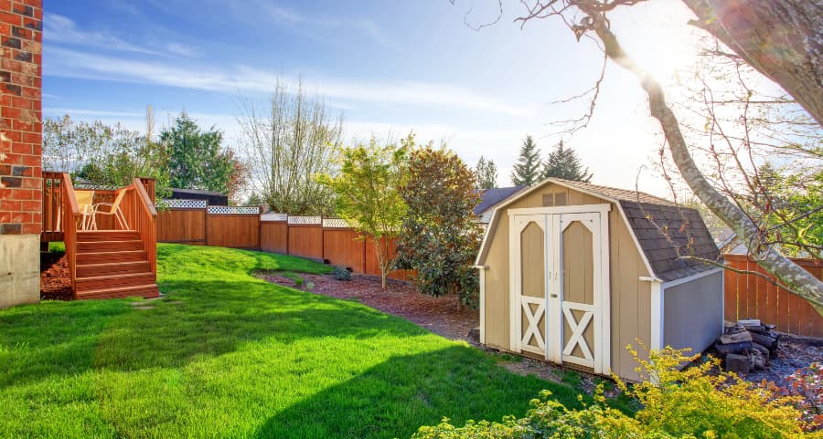 Fenced backyard with storage shed in New Haven